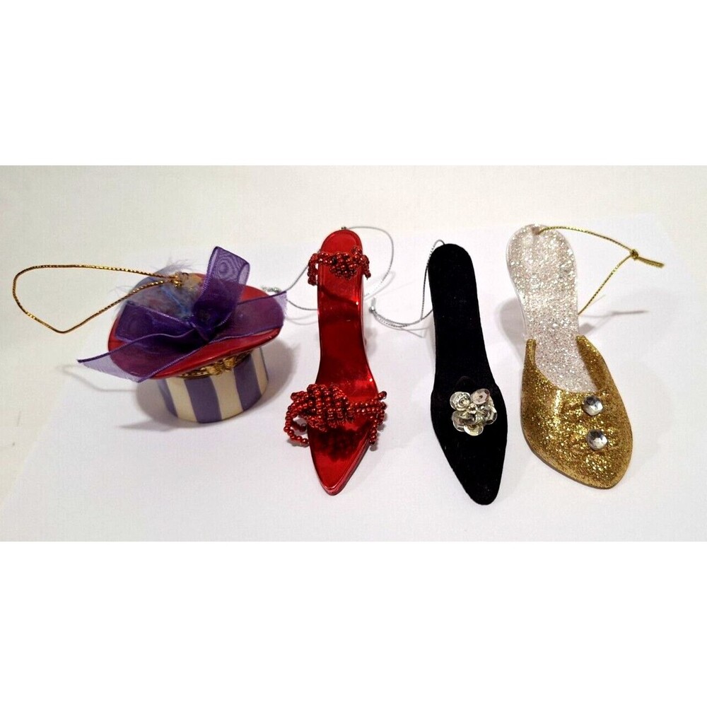 Lot of 4 High Heeled Shoes and Hat Box Christmas Tree Ornaments Fashionista